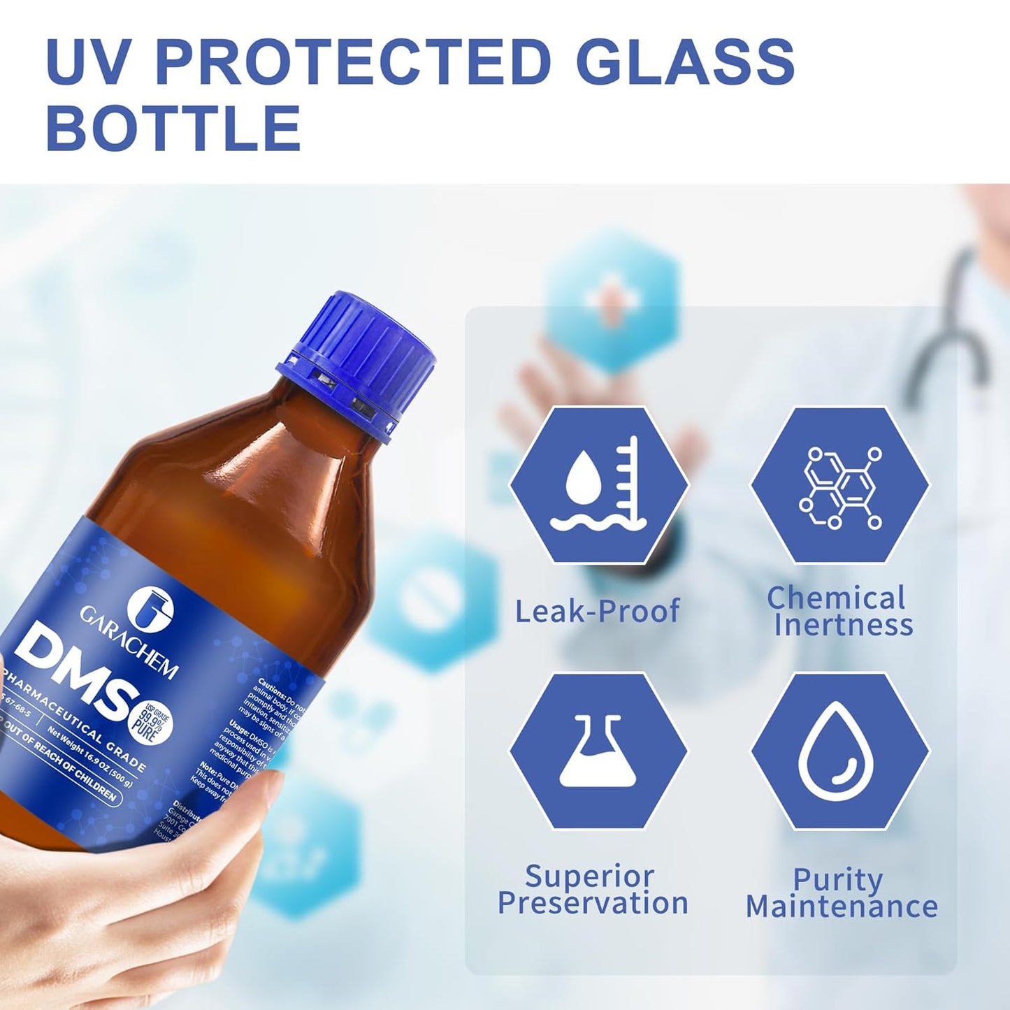 Pharmaceutical Grade 99.9% Pure DMSO in a Glass Bottle, Pure Liquid Dimethyl Sulfoxide 16.9 OZ, Non-Diluted, Low Odor
