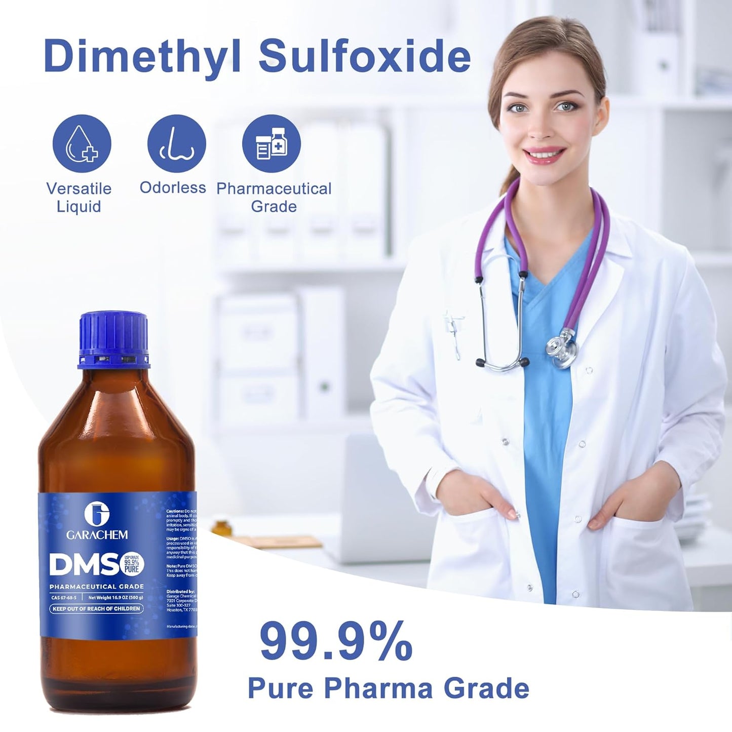 Pharmaceutical Grade 99.9% Pure DMSO in a Glass Bottle, Pure Liquid Dimethyl Sulfoxide 16.9 OZ, Non-Diluted, Low Odor